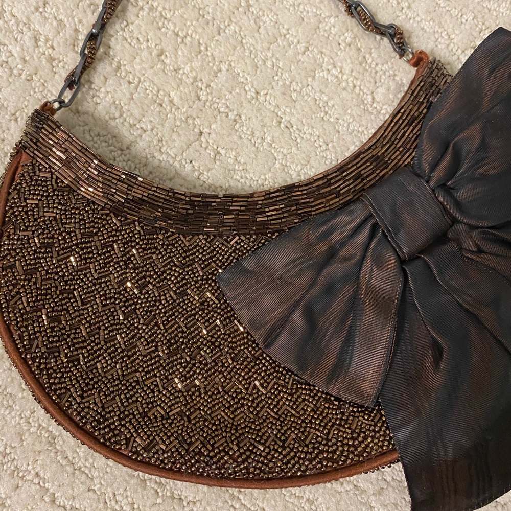 Inge Christopher Bronze beaded bag with satin bow